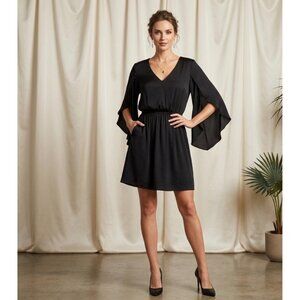 Jennifer Lopez V-Neck Black Dress With Flutter Sleeves & Elastic Waist - size S